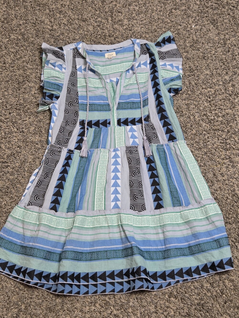 Elan Girls' Blue & Mint Geometric Tassel Tie Dress